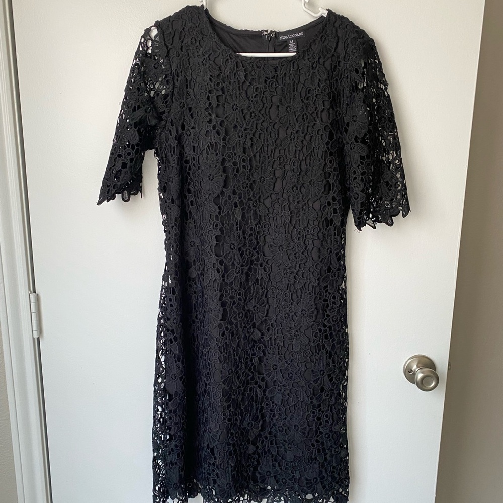Nina Leonard Black Lace Midi Dress Romantic Soft Gothic Elegant - Sz M